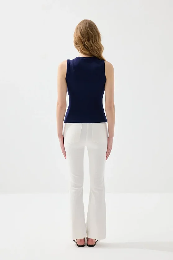 Sea-Themed Crew Neck Ribbed Cotton Tank Top - Navy Blue - 6