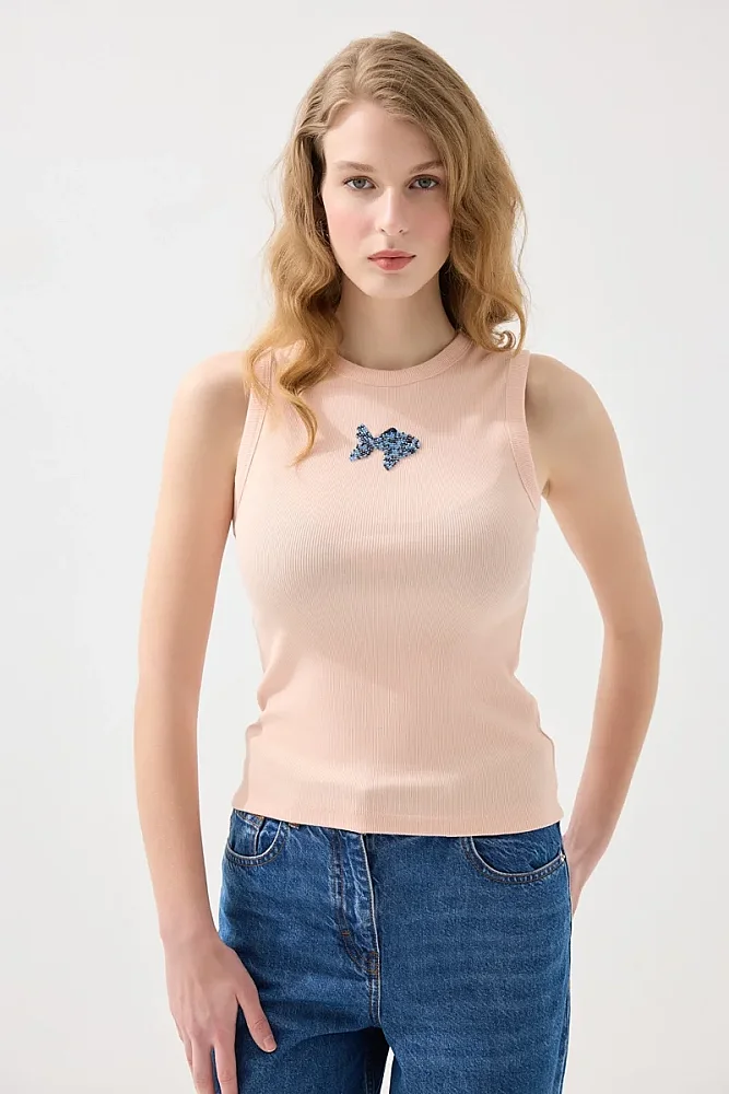 Sea-Themed Crew Neck Ribbed Cotton Tank Top - Powder Pink Powder