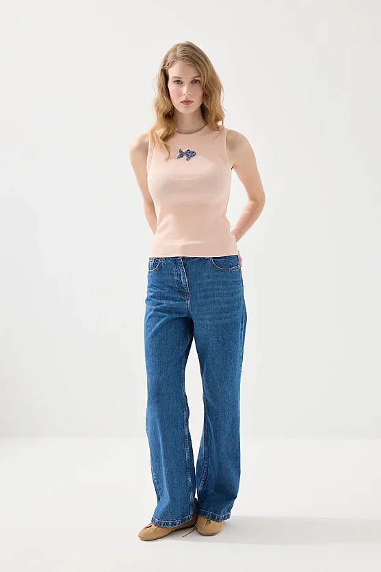 Sea-Themed Crew Neck Ribbed Cotton Tank Top - Powder Pink - Gusto