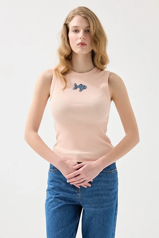 Sea-Themed Crew Neck Ribbed Cotton Tank Top - Powder Pink - Gusto