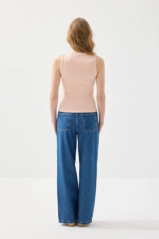 Sea-Themed Crew Neck Ribbed Cotton Tank Top - Powder Pink - Gusto