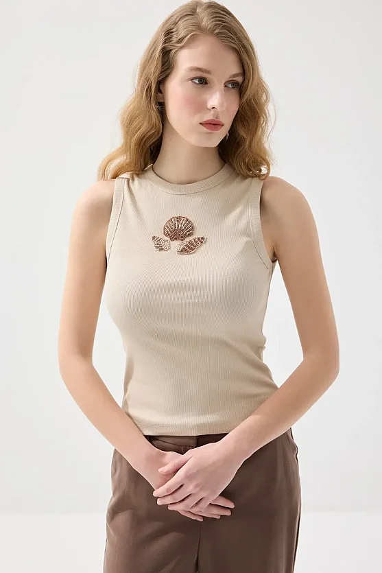 Sea-Themed Crew Neck Ribbed Cotton Tank Top - Stone - Gusto