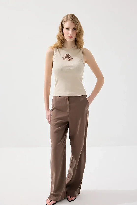 Sea-Themed Crew Neck Ribbed Cotton Tank Top - Stone - Gusto