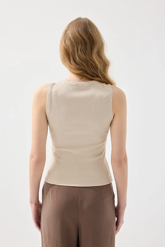 Sea-Themed Crew Neck Ribbed Cotton Tank Top - Stone - Gusto