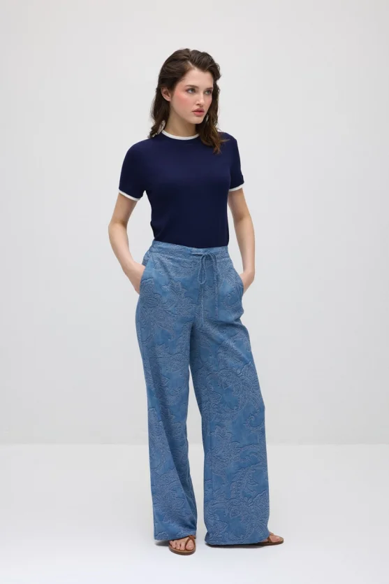 Self-Patterned Wide-Leg Viscose Pants - Blue - Gusto