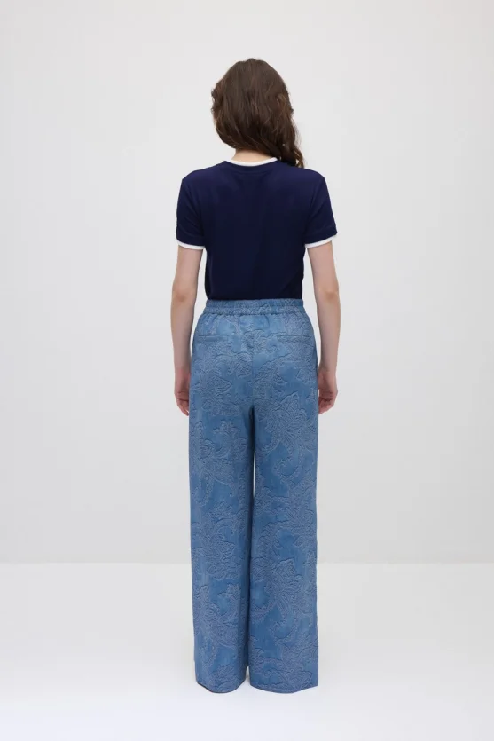 Self-Patterned Wide-Leg Viscose Pants - Blue - Gusto