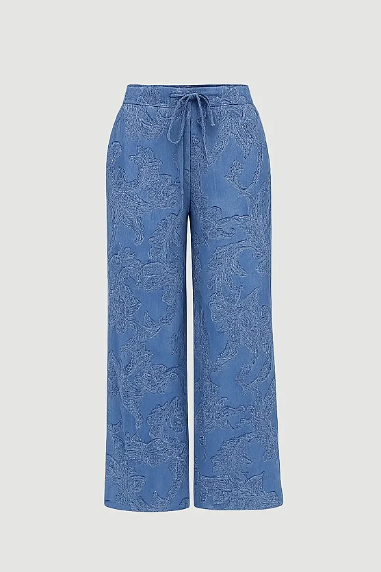 Self-Patterned Wide-Leg Viscose Pants - Blue - Gusto