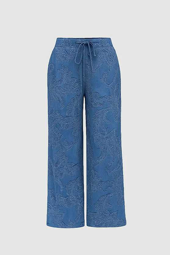 Self-Patterned Wide-Leg Viscose Pants - Blue - 6