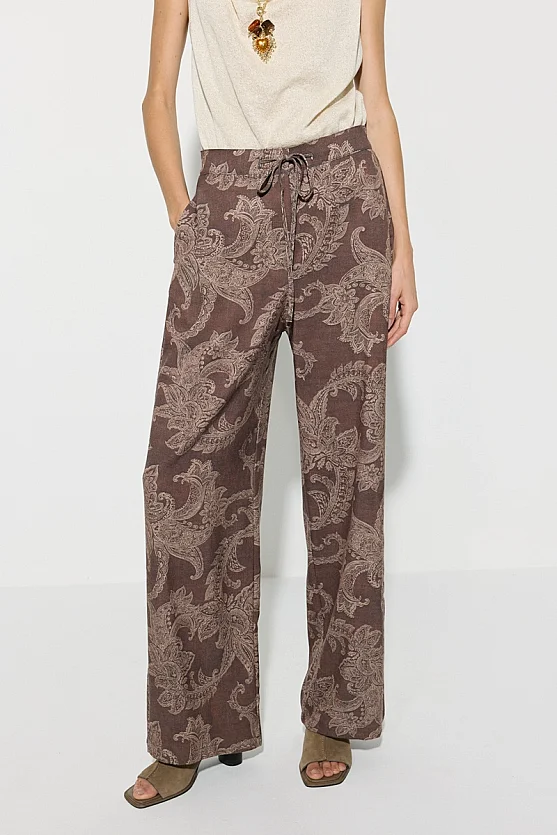 Self-Patterned Wide Leg Viscose Trousers - Brown - Gusto