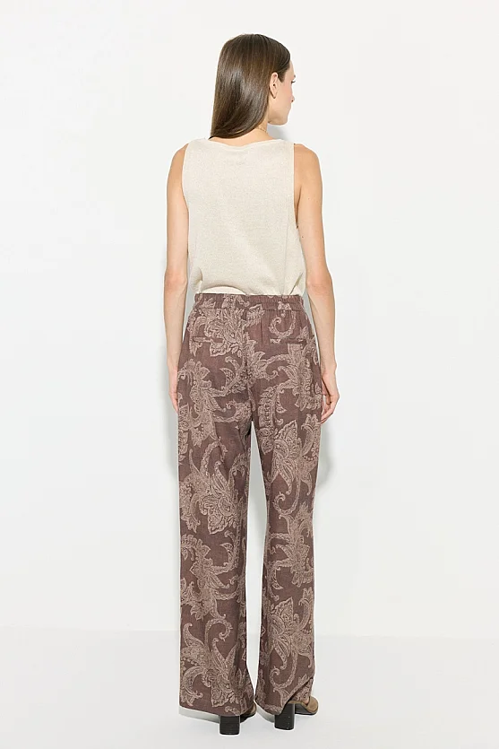 Self-Patterned Wide Leg Viscose Trousers - Brown - 6
