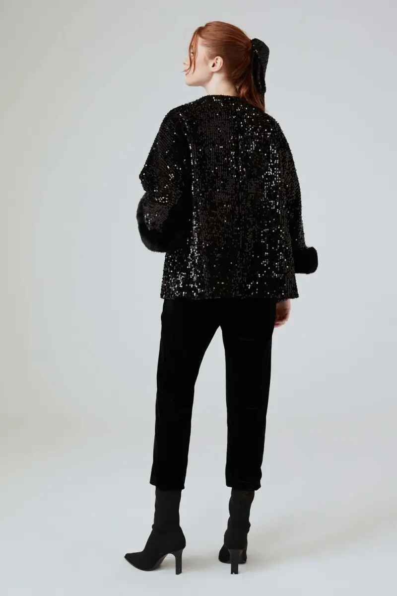Sequin Caftan with Fur Sleeves - Black - 6