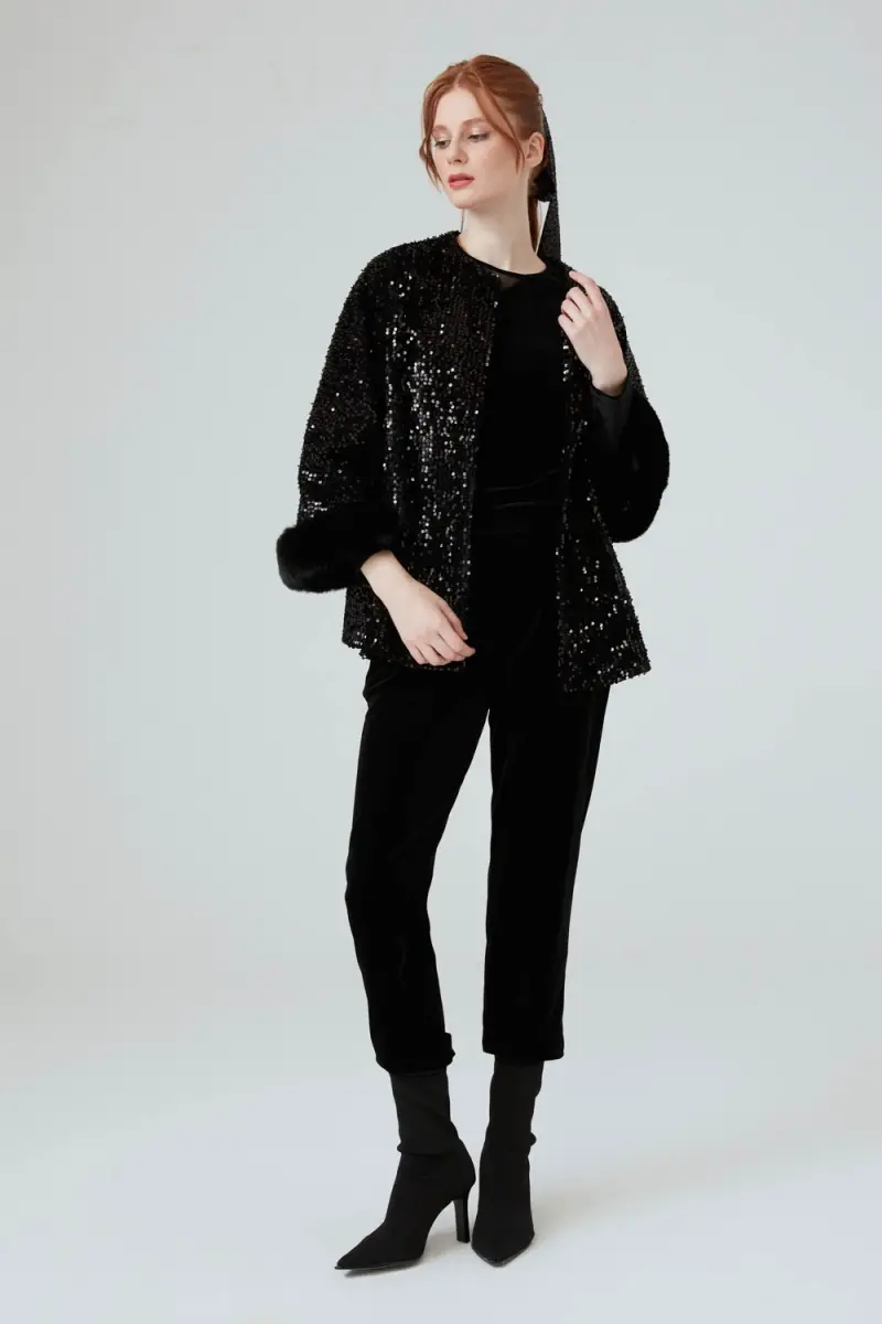 Sequin Caftan with Fur Sleeves - Black - 3
