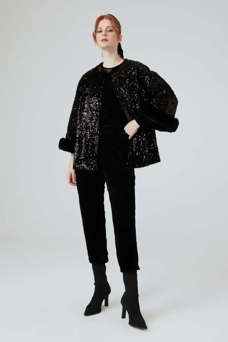 Sequin Caftan with Fur Sleeves - Black - 4