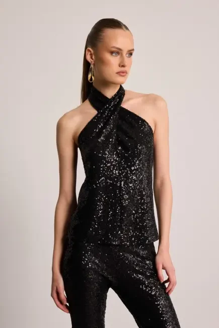 Sequin Cross-Back Blouse - Black Black