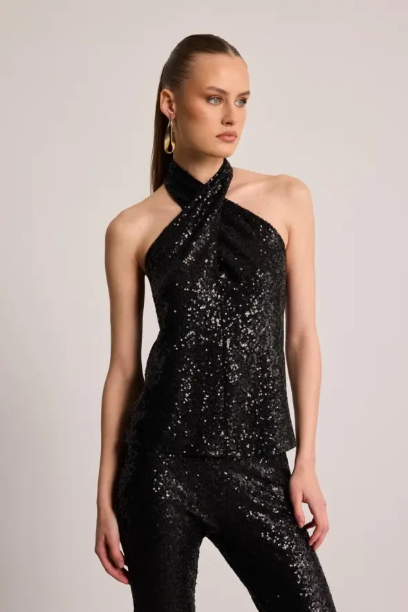 Sequin Cross-Back Blouse - Black - Gusto