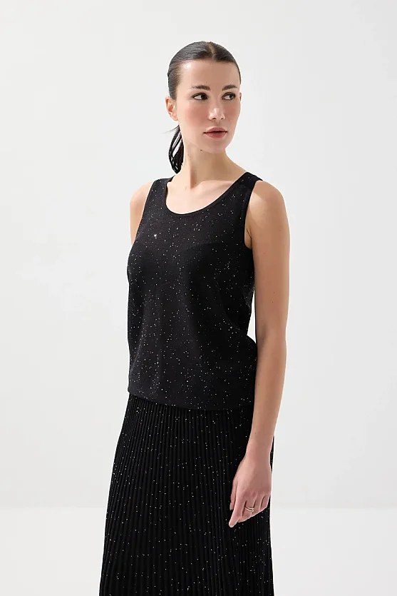 Sequin Detail Knit Tank Top - Black - 3