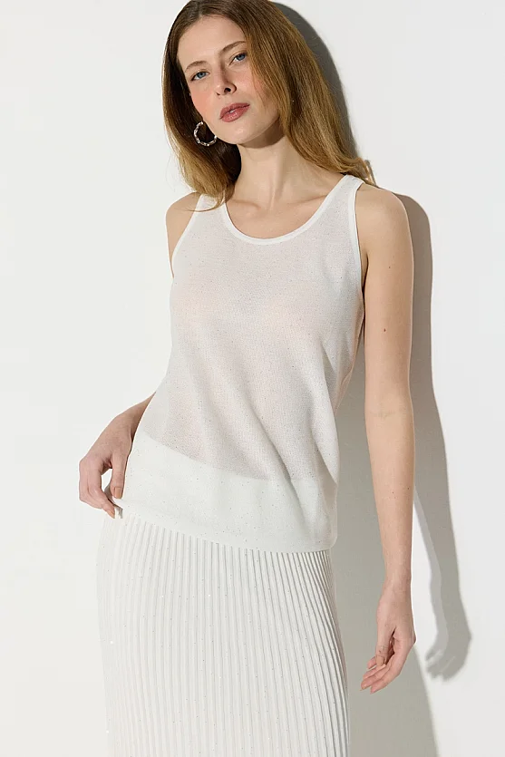 Sequin Detail Knit Tank Top - White - 3
