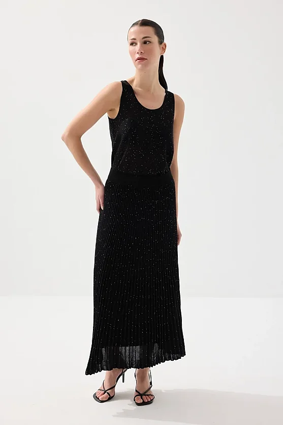 Sequin Detail Pleated Lined Knit Skirt - Black - Gusto