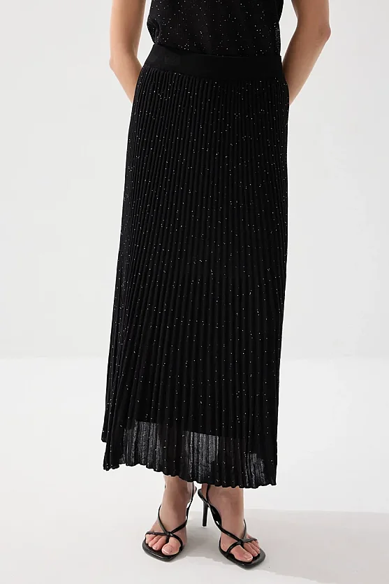 Sequin Detail Pleated Lined Knit Skirt - Black - 2