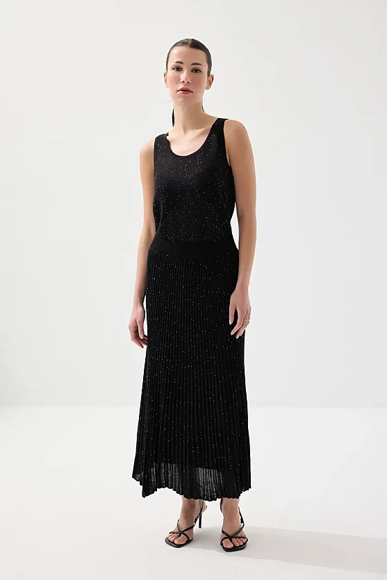 Sequin Detail Pleated Lined Knit Skirt - Black - Gusto
