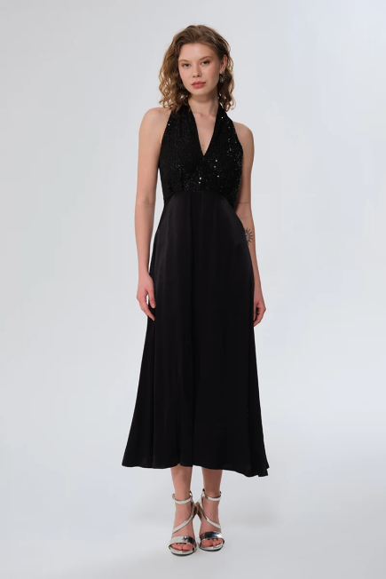 Sequin Detail Satin Dress - Black Black