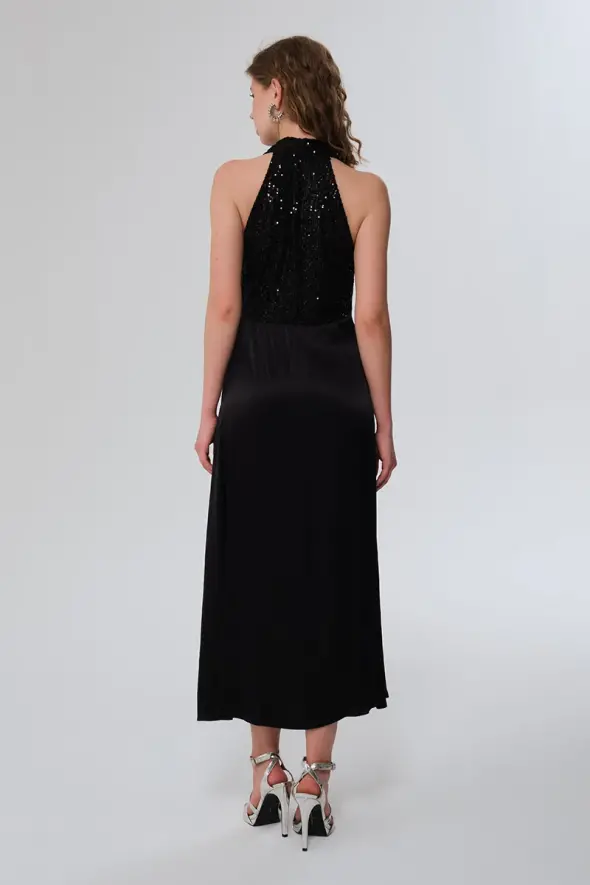 Sequin Detail Satin Dress - Black - 6