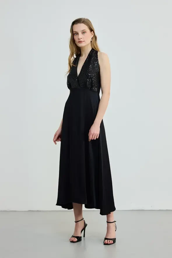 Sequin Detailed Satin Dress - Black - 1