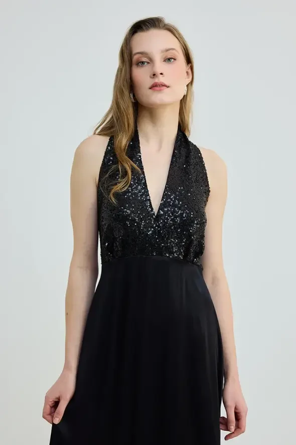 Sequin Detailed Satin Dress - Black - 2