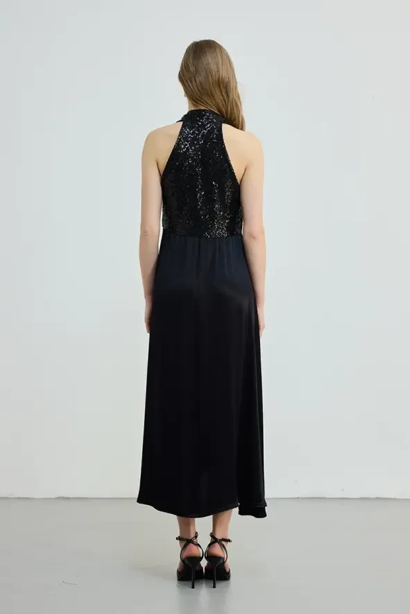 Sequin Detailed Satin Dress - Black - 4