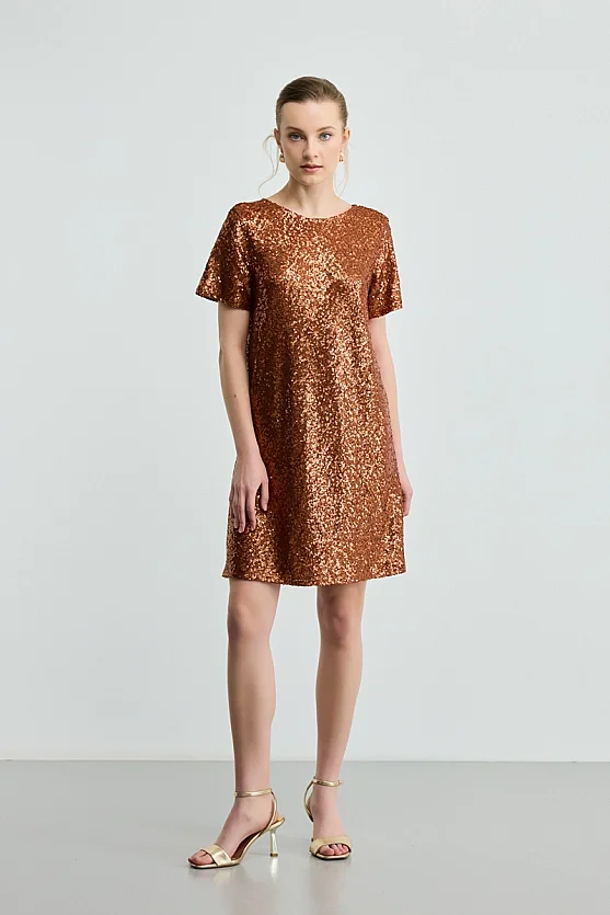 Sequin Drop Shoulder Dress - Copper - 1