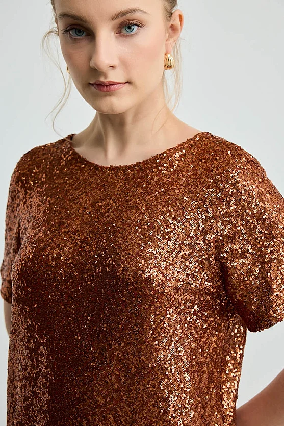 Sequin Drop Shoulder Dress - Copper - 3