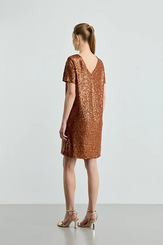 Sequin Drop Shoulder Dress - Copper - 4