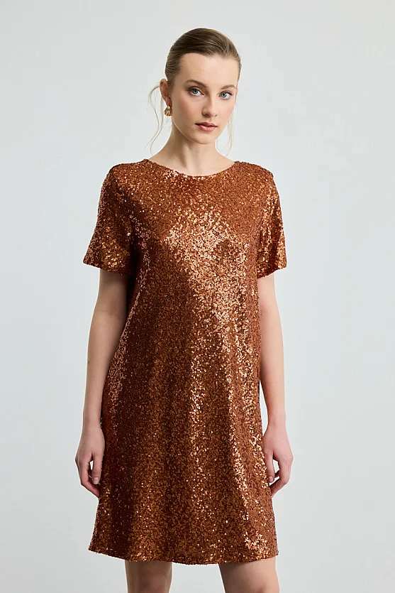 Sequin Drop Shoulder Dress - Copper - 2