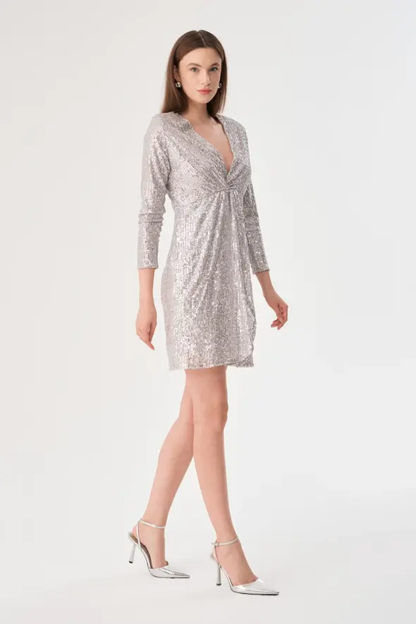 Sequin Embellished Knotted Dress - Silver - 2
