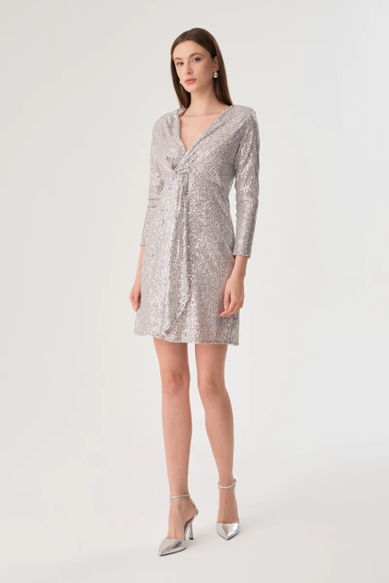 Sequin Embellished Knotted Dress - Silver Silver
