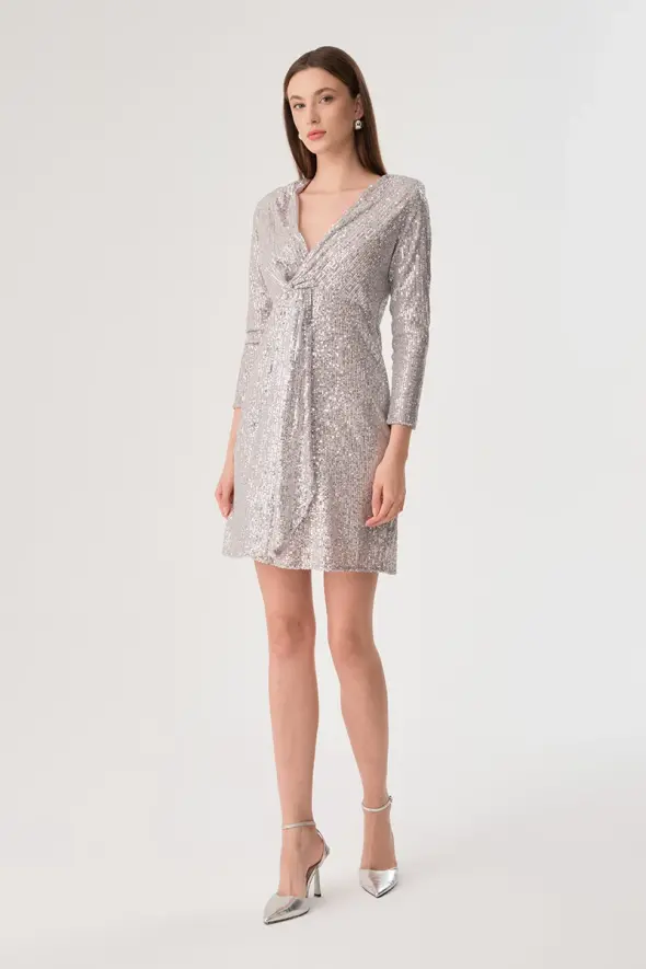 Sequin Embellished Knotted Dress - Silver - 1