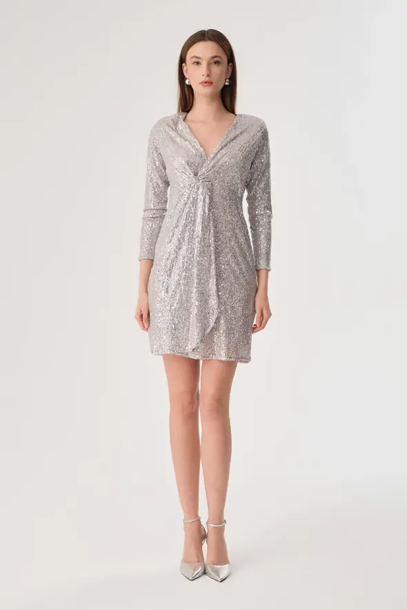 Sequin Embellished Knotted Dress - Silver - 4
