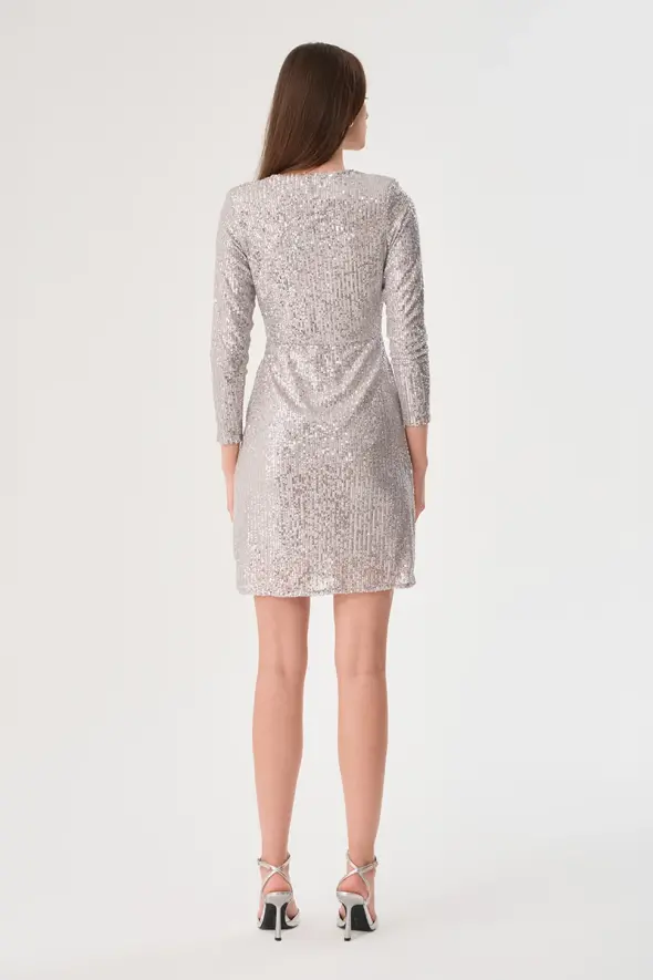 Sequin Embellished Knotted Dress - Silver - 7