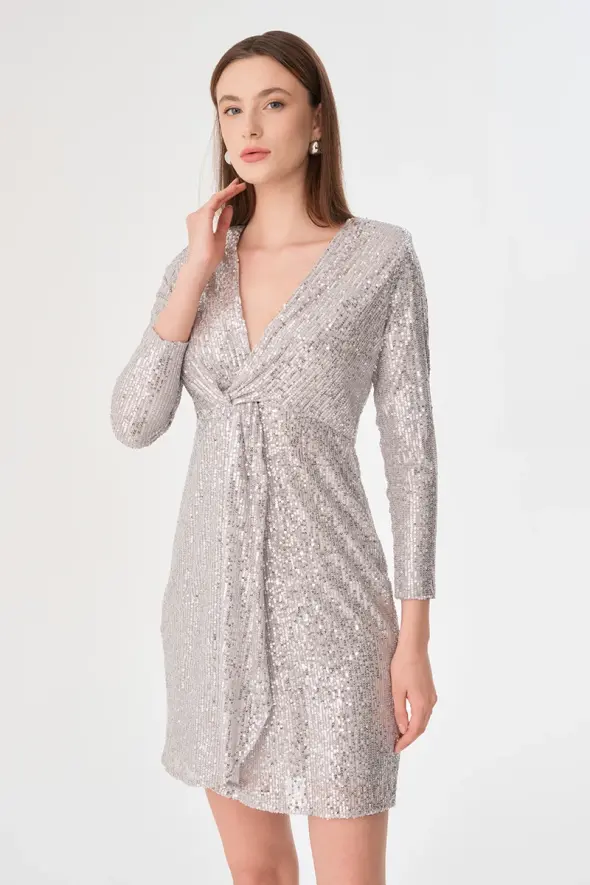 Sequin Embellished Knotted Dress - Silver - 6