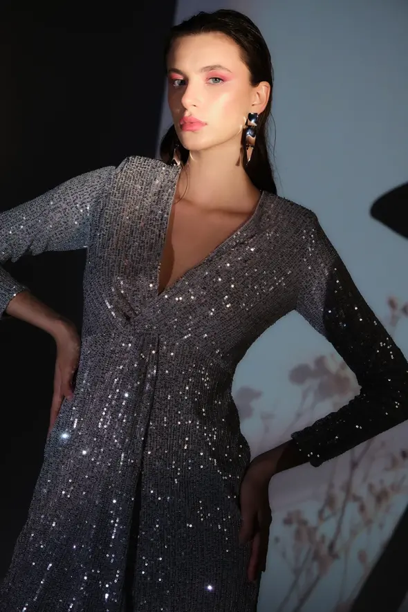 Sequin Embellished Knotted Dress - Silver - 5