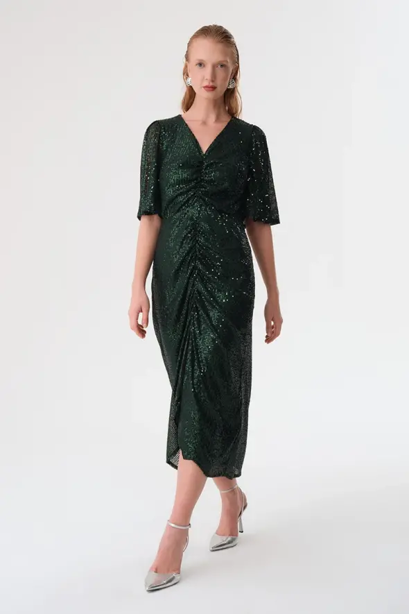 Sequin Embellished Long Evening Dress - Green - 1