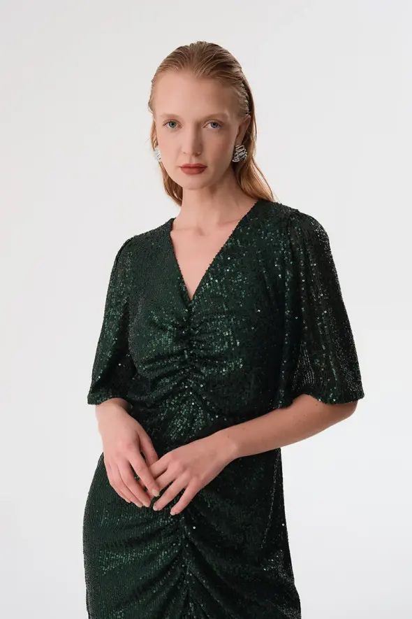 Sequin Embellished Long Evening Dress - Green - 5