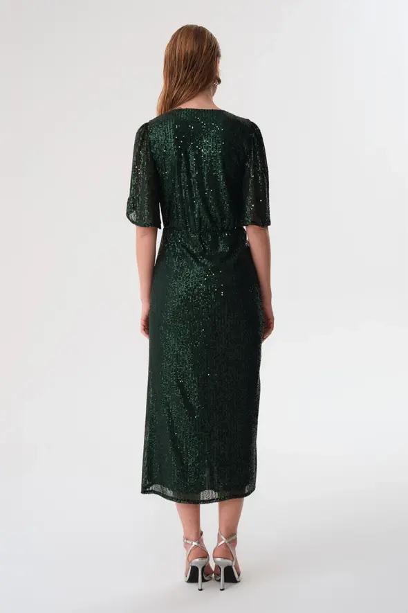 Sequin Embellished Long Evening Dress - Green - 6