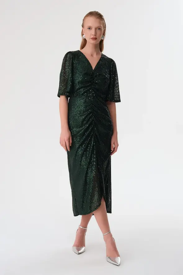 Sequin Embellished Long Evening Dress - Green - 3
