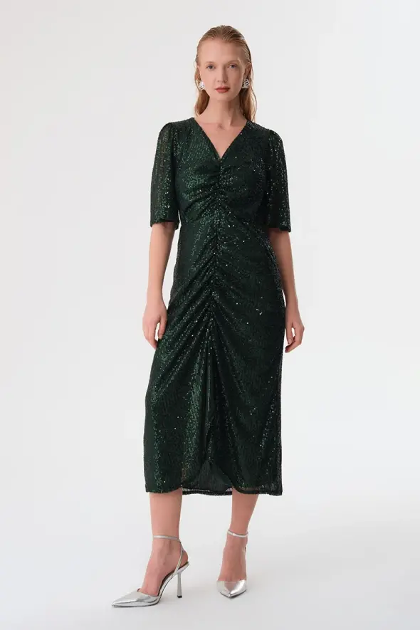 Sequin Embellished Long Evening Dress - Green - 2