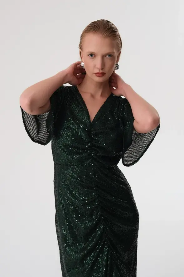 Sequin Embellished Long Evening Dress - Green - 4