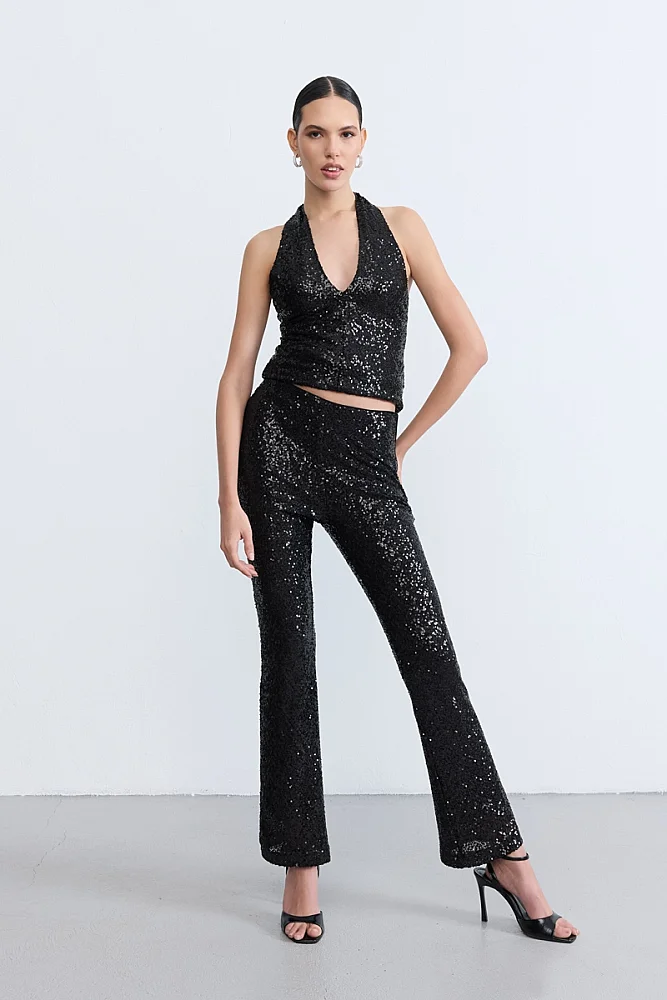 Sequin Flared Trousers - Black Black