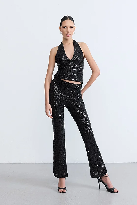 Sequin Flared Trousers - Black - Gusto