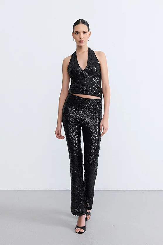 Sequin Flared Trousers - Black - Gusto