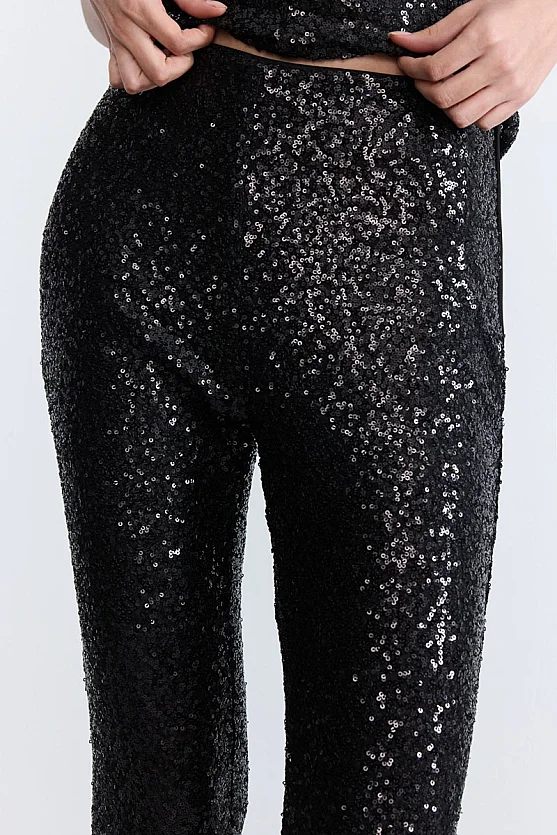 Sequin Flared Trousers - Black - Gusto